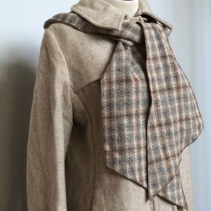 Vintage Oatmeal Hooded Wool Coat with Plaid Checkered Neck Swag/Tie and Hood